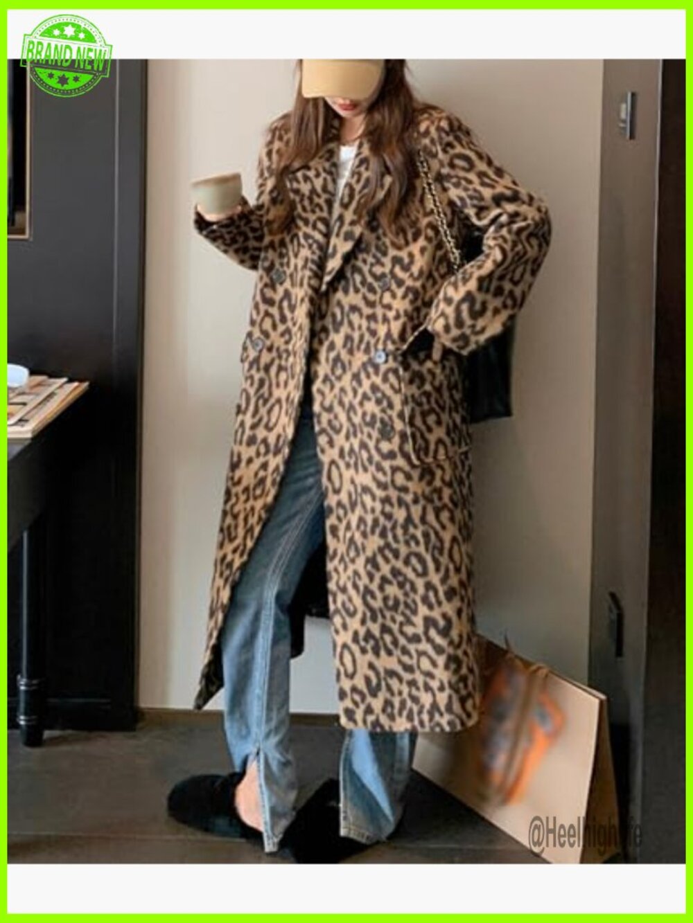 Leopard Print Long Trench Coat Notched Lapel Double Breasted Pea Coat Wool - Picture 2 of 6